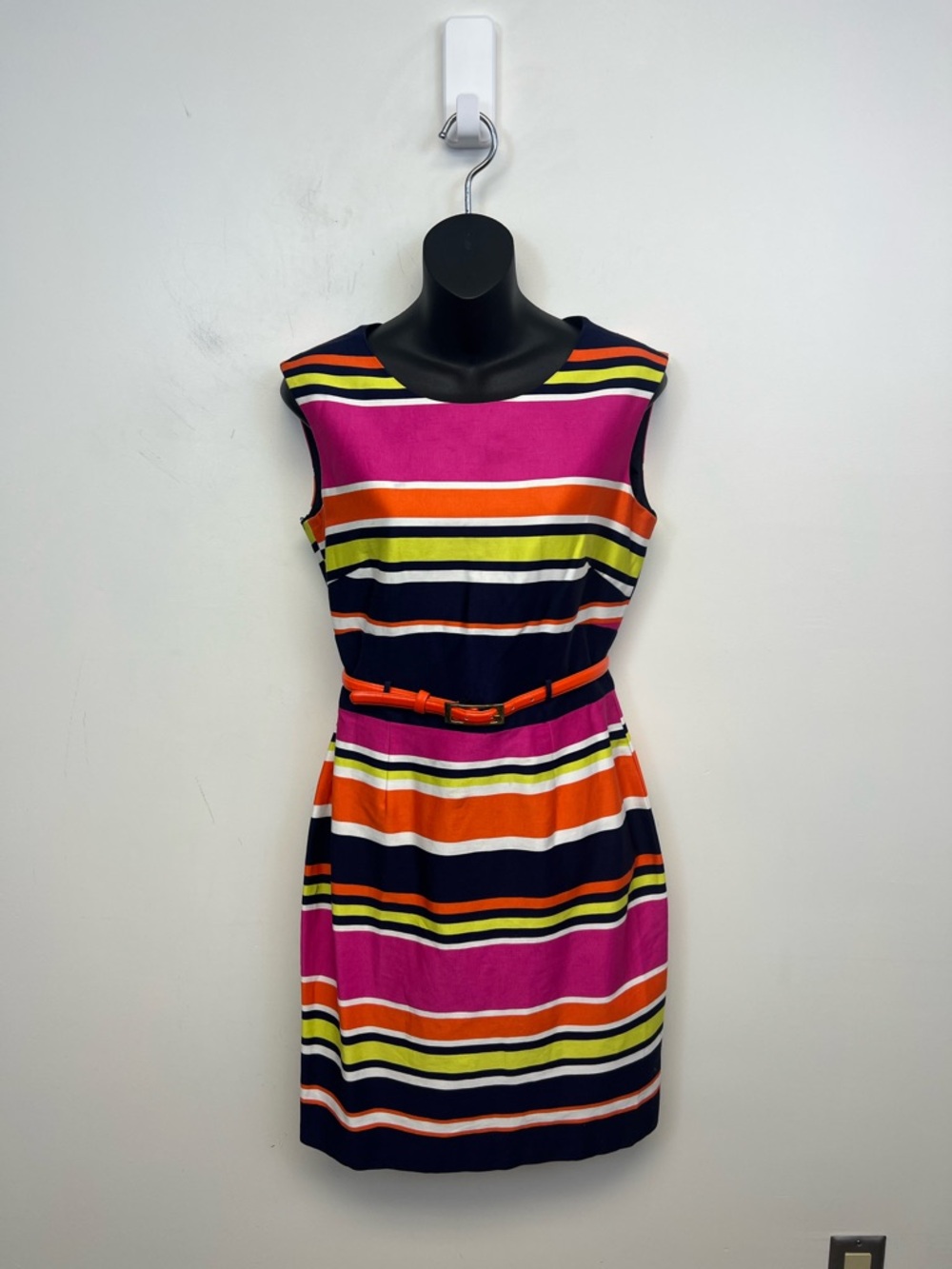 TAHARI Pink Orange Navy Green Horizontal Striped Y2k Sleeveless Dress Size 4